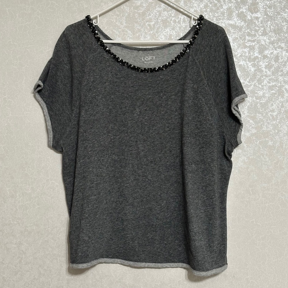 LOFT Ann Taylor Beaded Neckline Raglan Cap Sleeve Cotton Jersey Knit Top Gray‎ L